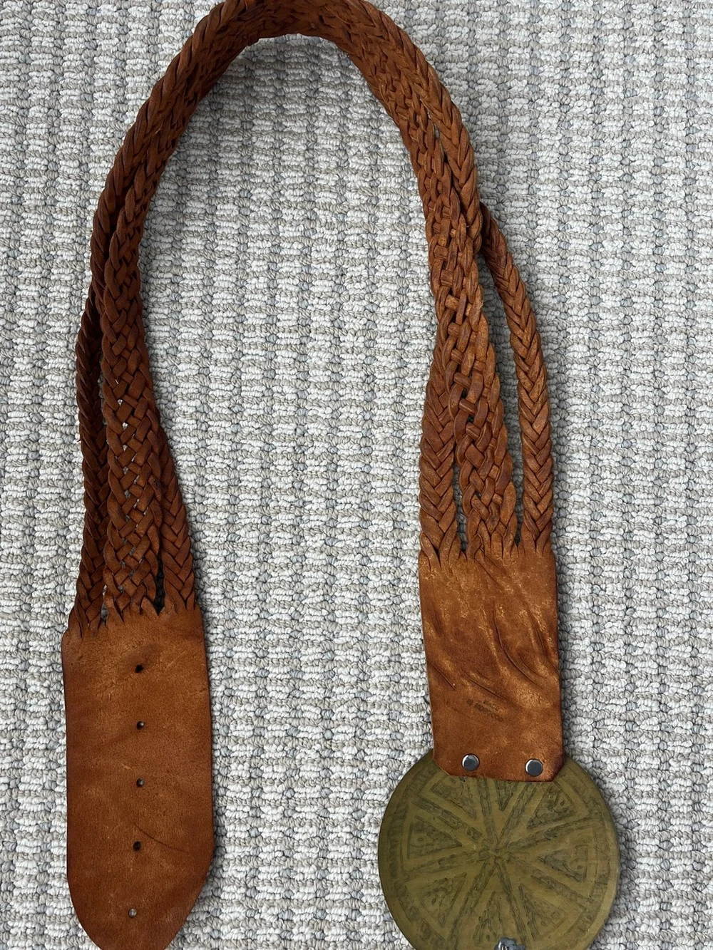 Vintage Moroccan Braided Brown Leather Belt with Large Etched Brass Buckle